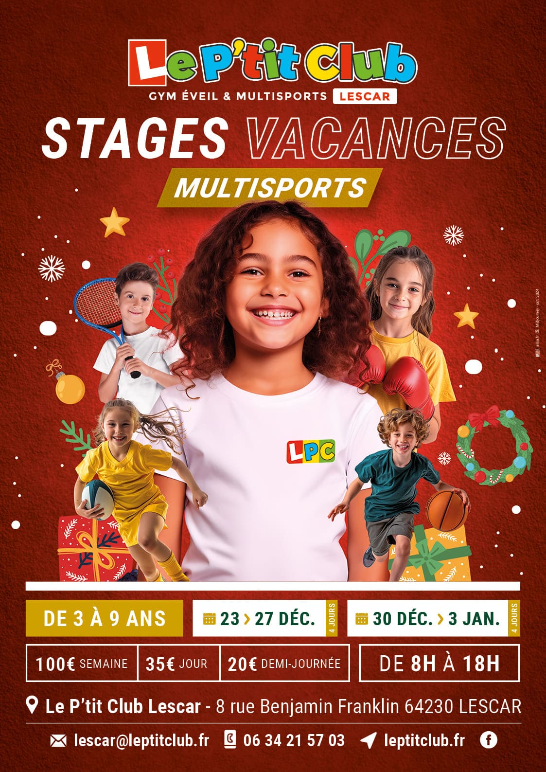 Affiche stages vacances de Noël 2024 Le P'tit Club Lescar