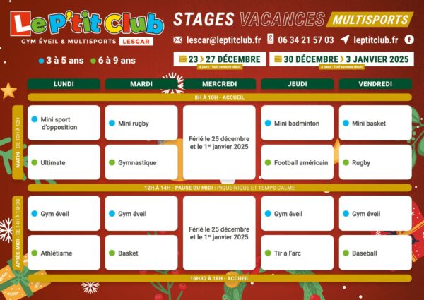 Planning stages vacances de Noël 2024 Le P'tit Club Lescar