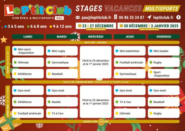 Planning stages vacances de Noël 2024 Le P'tit Club Pau