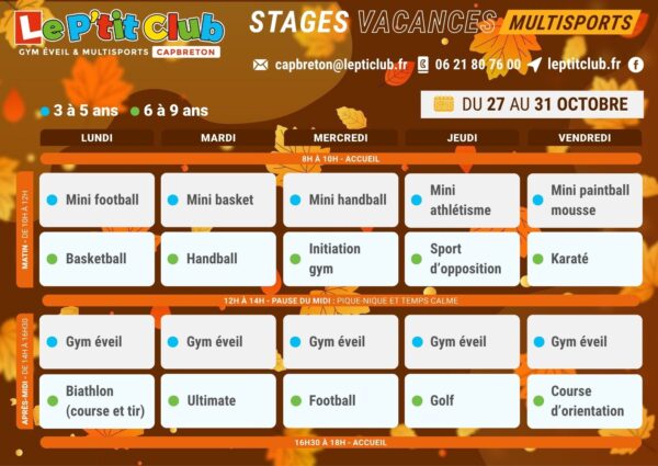 Planning 2 stages vacances de la Toussaint 2025 Le P'tit Club Capbreton