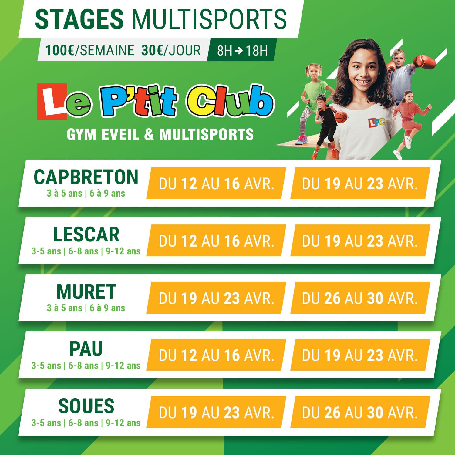 Dates des stages vacances d'avril 2021