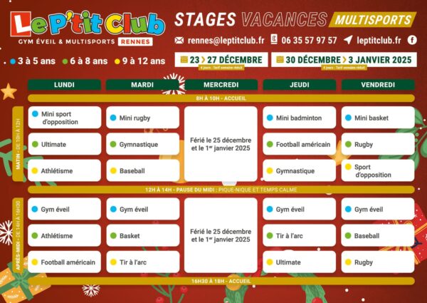 Planning stages vacances de Noël 2024 Le P'tit Club Rennes