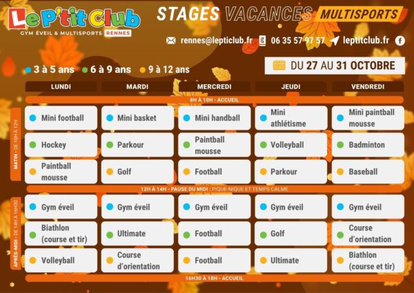 Planning 2 stages vacances Toussaint 2025 Le P'tit Club Rennes