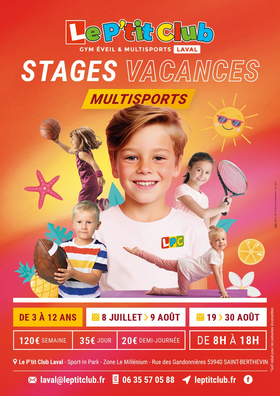 Affiche stages vacances d'été 2024 Le P'tit Club Laval