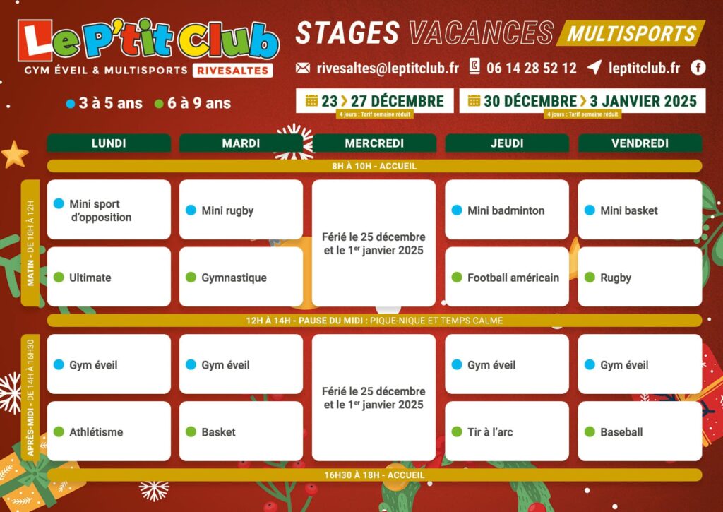 Planning stages vacances de Noël 2024 Le P'tit Club Rivesaltes