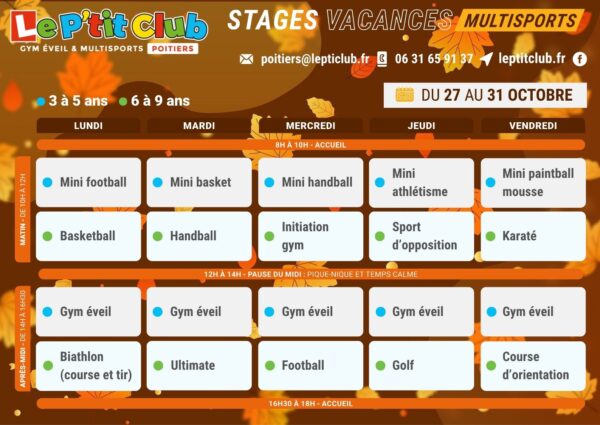 Planning 2 stages vacances de la Toussaint 2025 Le P'tit Club Poitiers