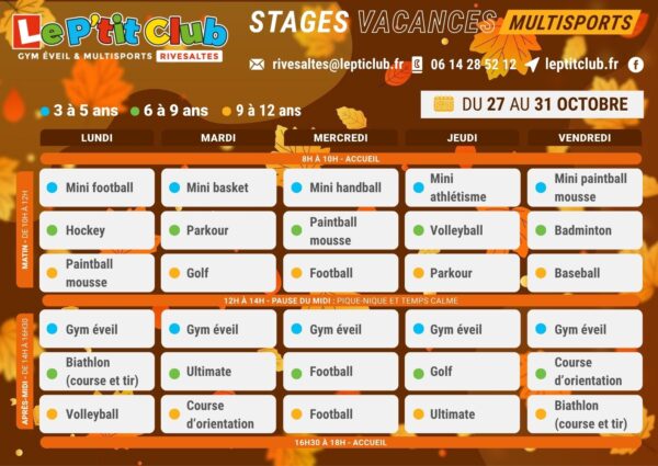 Planning 2 stages vacances de la Toussaint 2025 Le P'tit Club Rivesaltes