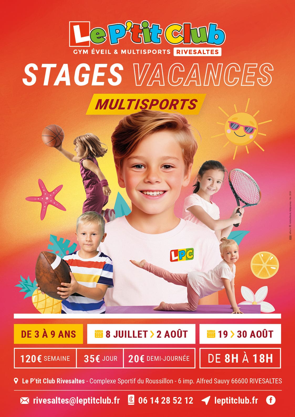 Affiche stages vacances d'été 2024 Le P'tit Club Rivesaltes
