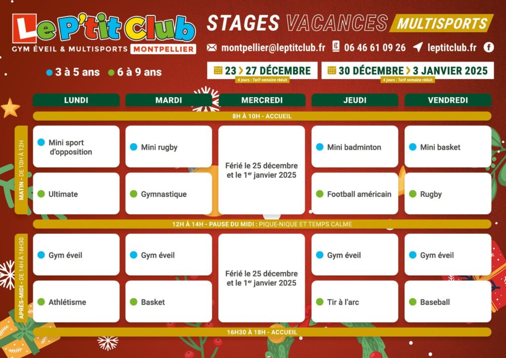 Planning stages vacances de Noël 2024 Le P'tit Club Montpellier