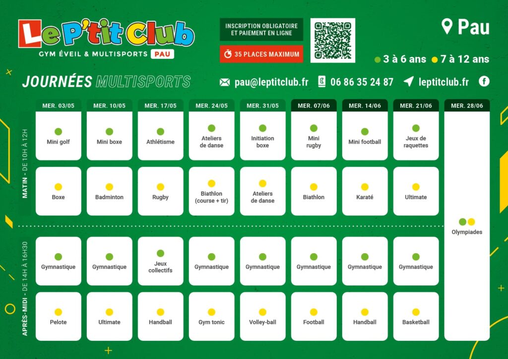 Planning journées multisports du mercredi mai-juin 2023 Le P'tit Club Pau