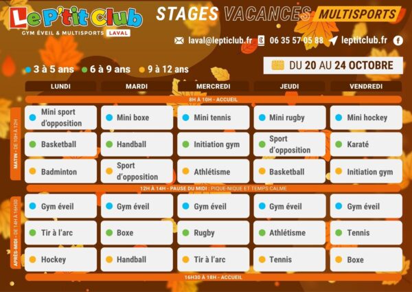 Planning 1 stages vacances de la Toussaint 2025 Le P'tit Club Laval