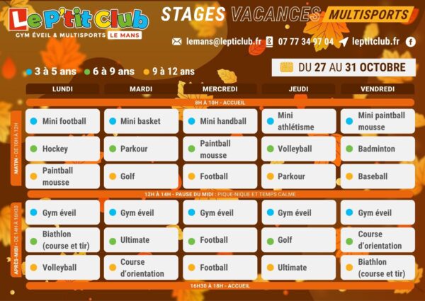 Planning 2 stages vacances de la Toussaint 2025 Le P'tit Club Le Mans