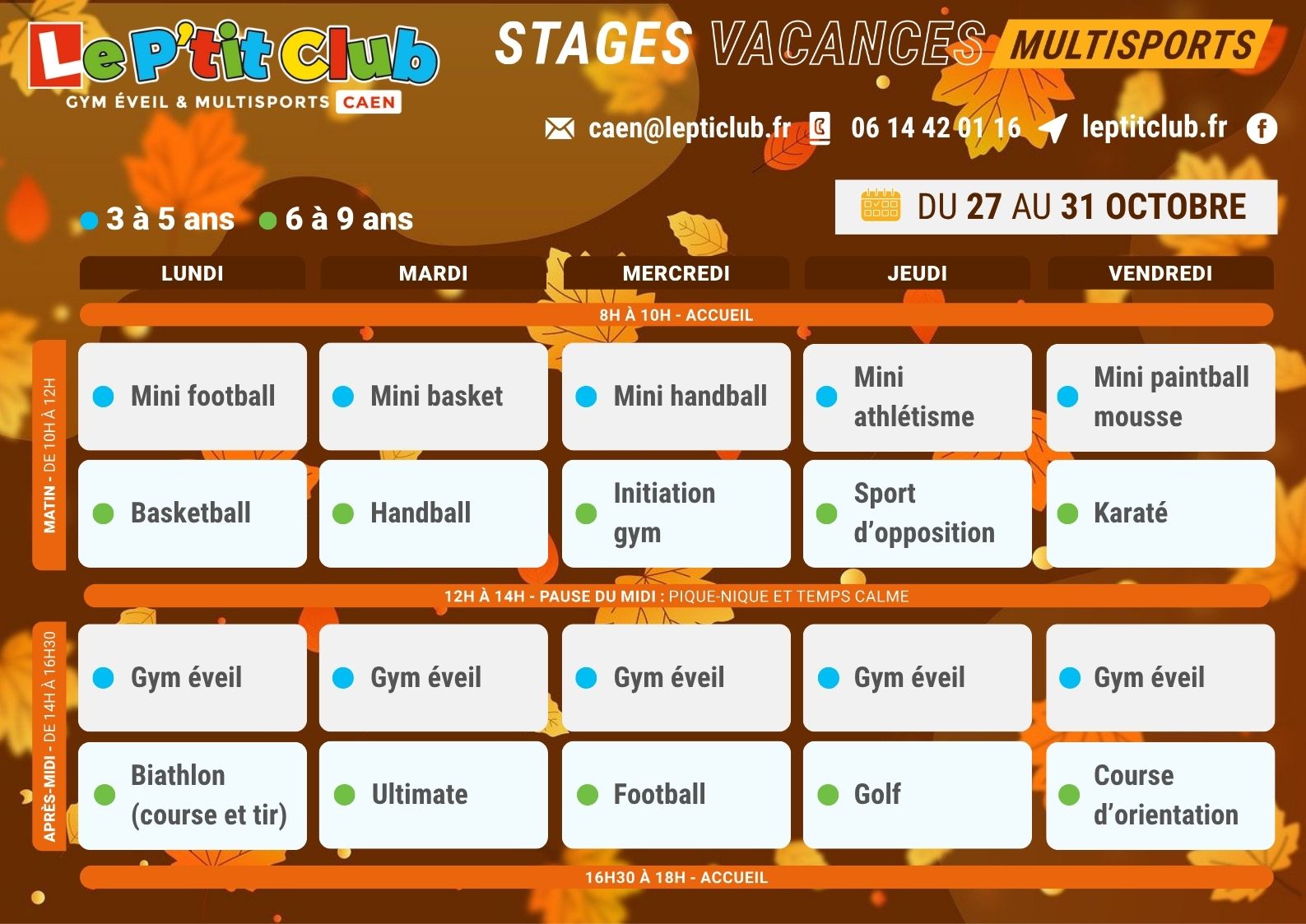 Planning 2 stages vacances de la Toussaint 2025 Le P'tit Club Caen