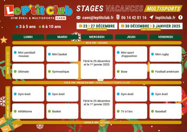 Planning stages vacances de Noël 2024 Le P'tit Club Caen