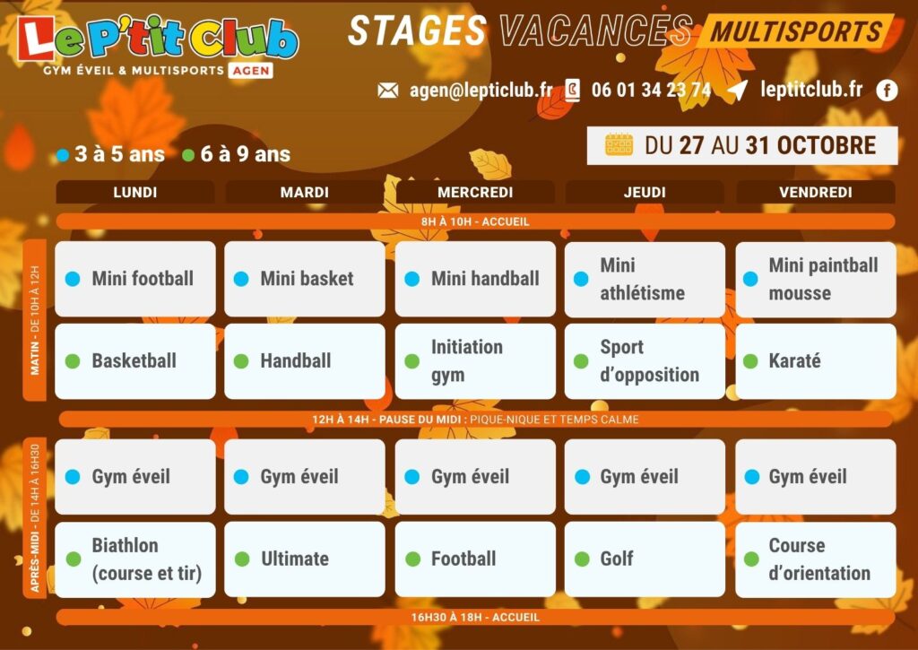 Planning 2 stages vacances de la Toussaint 2025 Le P'tit Club Agen