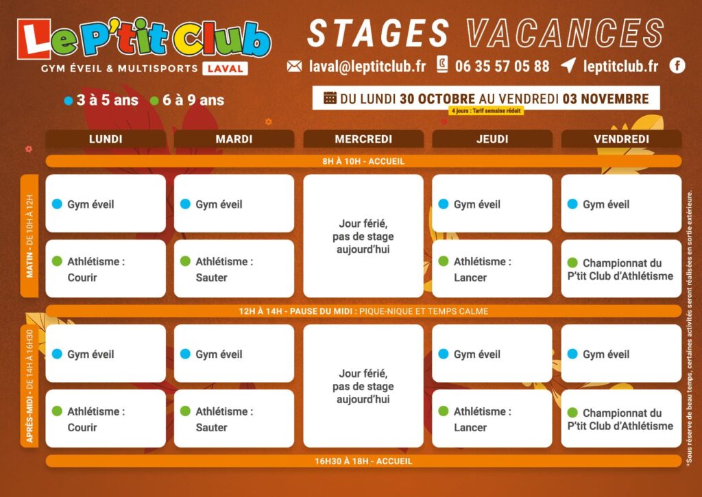 Planning 2 stages vacances de la Toussaint 2023 Le P'tit Club Laval