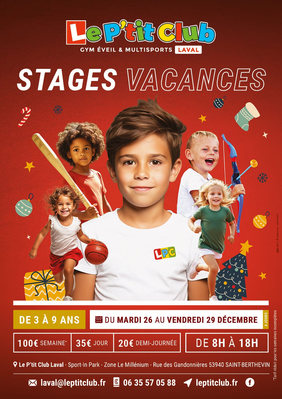 Affiche stages vacances de Noël 2023 Le P'tit Club Laval