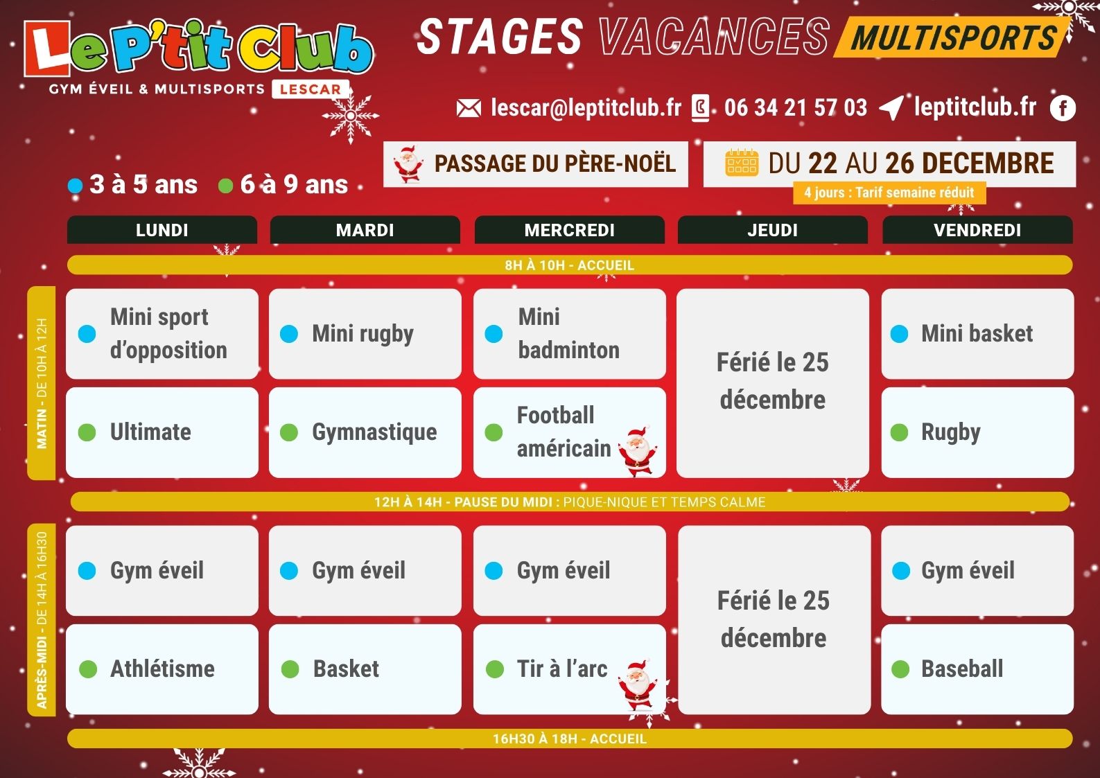 Planning 1 stages vacances de la Noël 2025 Le P'tit Club Lescar