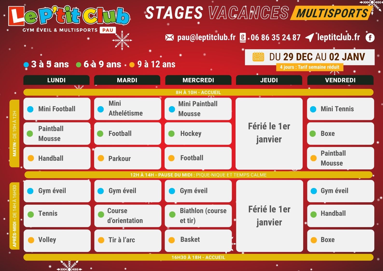 Planning 2 stages vacances de la Noël 2025 Le P'tit Club Pau