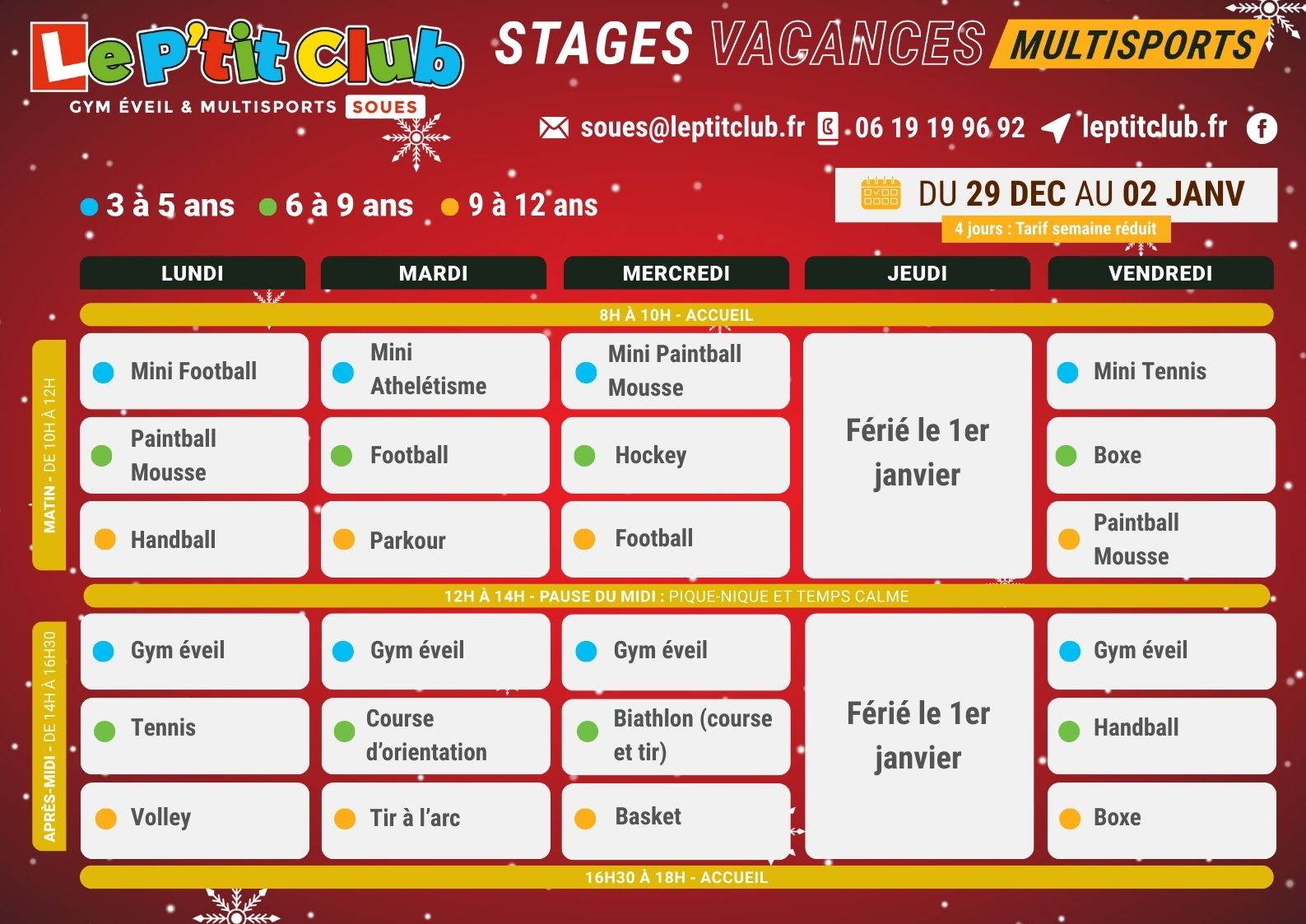 Planning 2 stages vacances de la Noël 2025 Le P'tit Club Soues