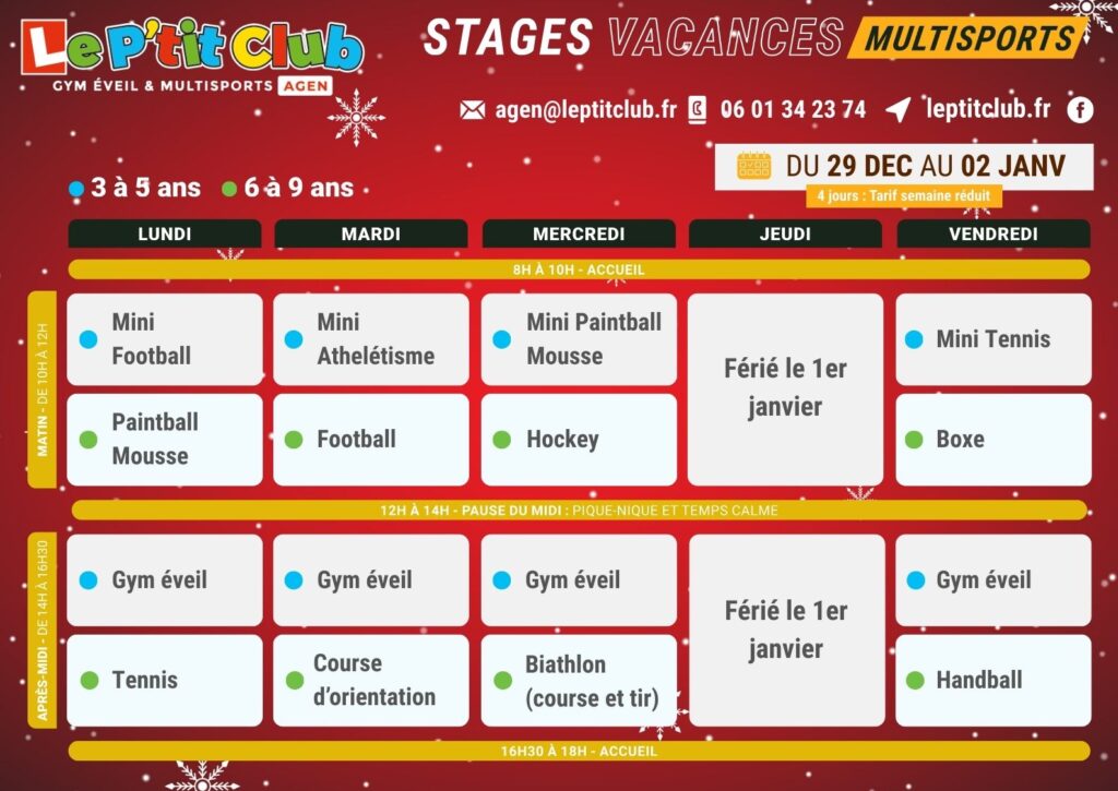Planning 2 stages vacances de la Noël 2025 Le P'tit Club Agen