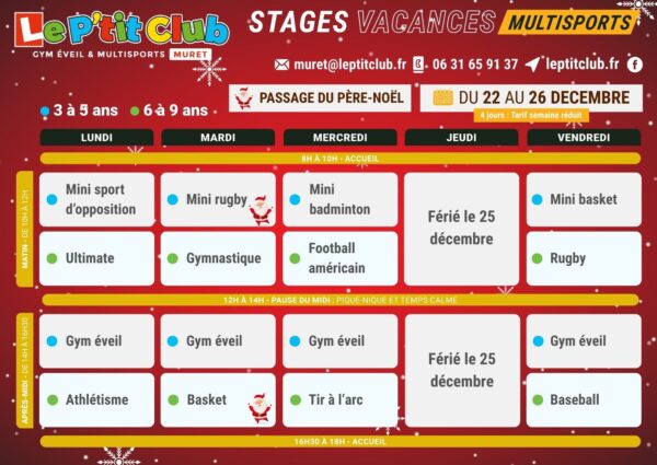 Planning 1 stages vacances de la Noël 2025 Le P'tit Club Muret