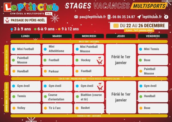 Planning 1 stages vacances de la Noël 2025 Le P'tit Club Pau