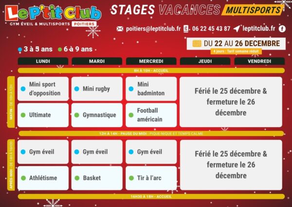 Planning 1 stages vacances de la Noël 2025 Le P'tit Club Poitiers