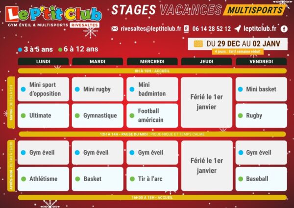 Planning 2 stages vacances de la Noël 2025 Le P'tit Club Rivesaltes