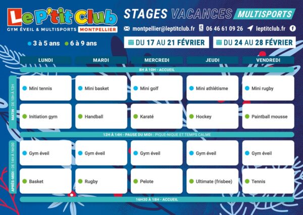 Planning stages vacances d'hiver 2025 Le P'tit Club Montpellier