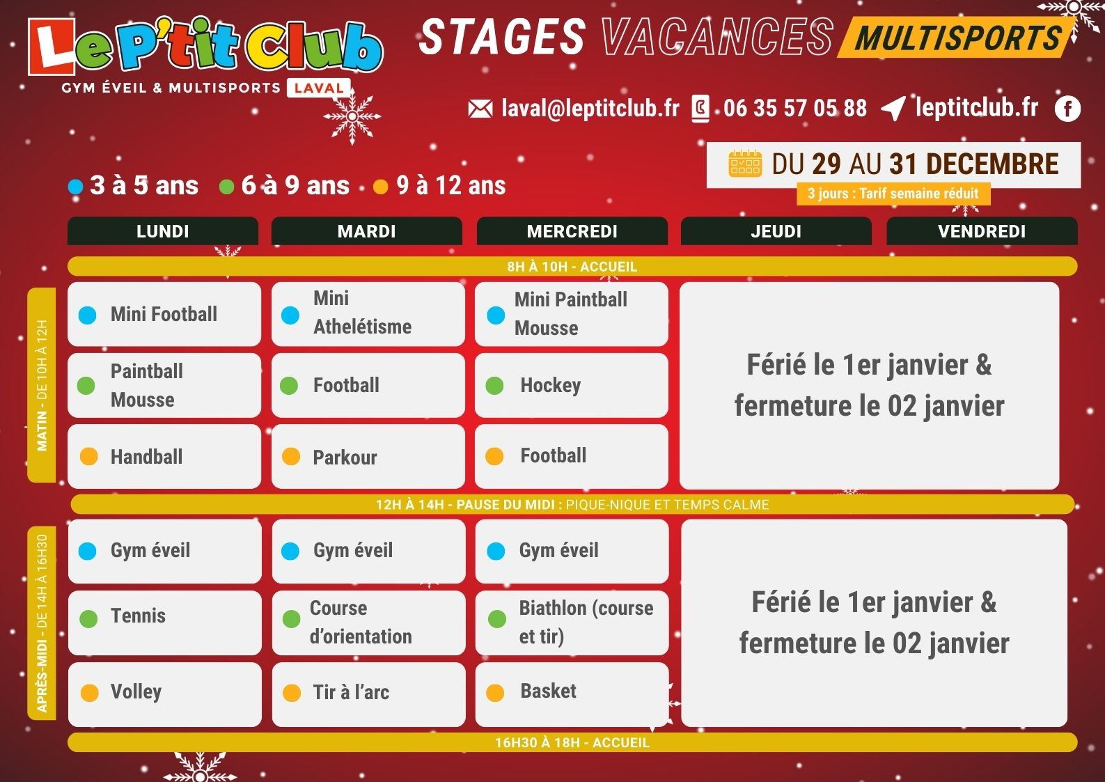 Planning 2 stages vacances de la Noël 2025 Le P'tit Club Laval