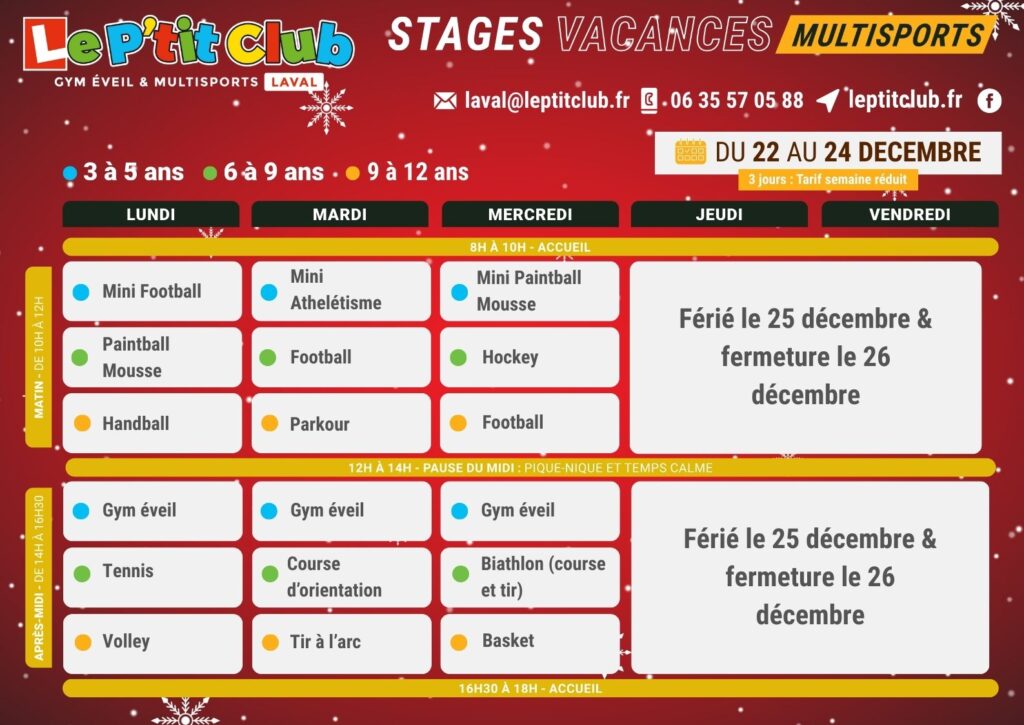 Planning 1 stages vacances de la Noël 2025 Le P'tit Club Laval