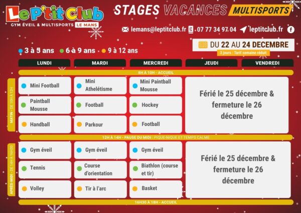 Planning 2 stages vacances de la Noël 2025 Le P'tit Club Le Mans