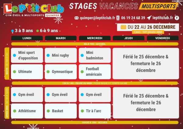 Planning 1 stages vacances de la Noël 2025 Le P'tit Club Quimper