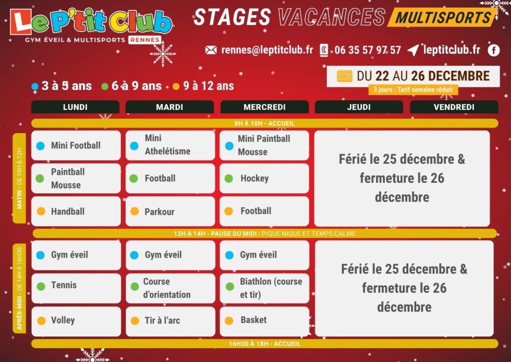 Planning 1 stages vacances de la Noël 2025 Le P'tit Club Rennes