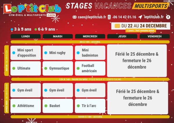 Planning 1 stages vacances de la Noël 2025 Le P'tit Club Laval