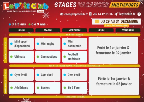 Planning 2 stages vacances de la Noël 2025 Le P'tit Club Laval