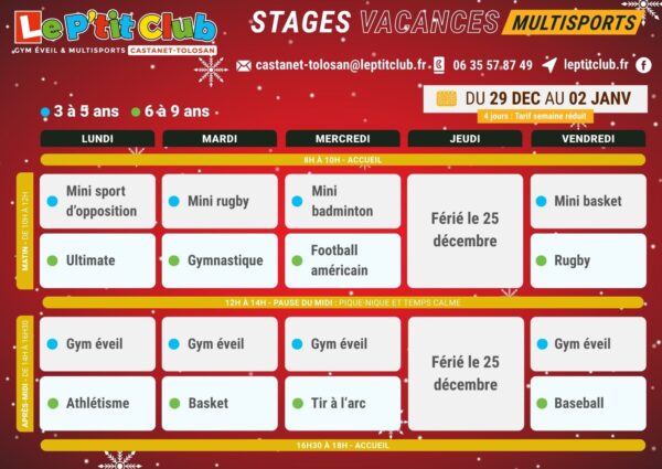 Planning 2 stages vacances de la Noël 2025 Le P'tit Club Castanet-Tolosan