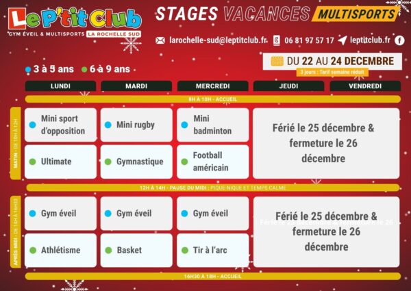 Planning 1 stages vacances de la Noël 2025 Le P'tit Club La Rochelle