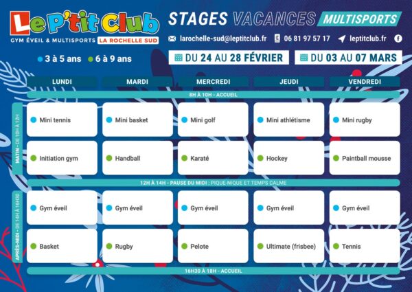 Planning stages vacances d'hiver 2025 Le P'tit Club La Rochelle Sud