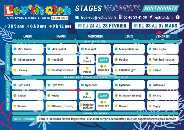 Planning stages vacances d'hiver 2025 Le P'tit Club Lyon Sud