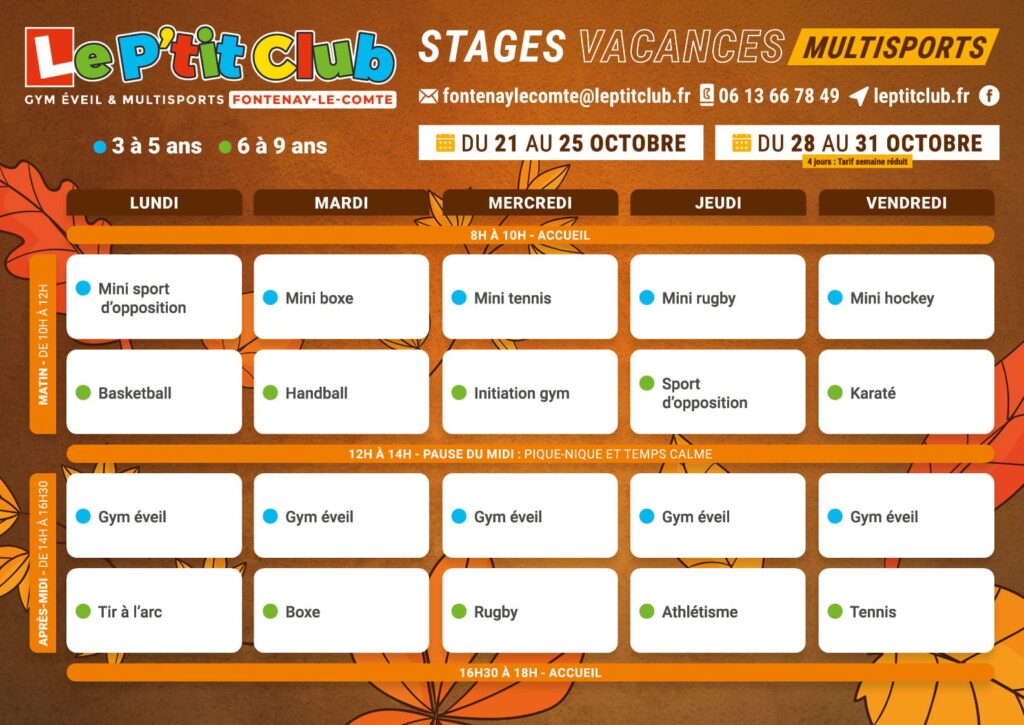 Planning stages vacances de la Toussaint 2024 Le P'tit Club Fontenay-Le-Comte