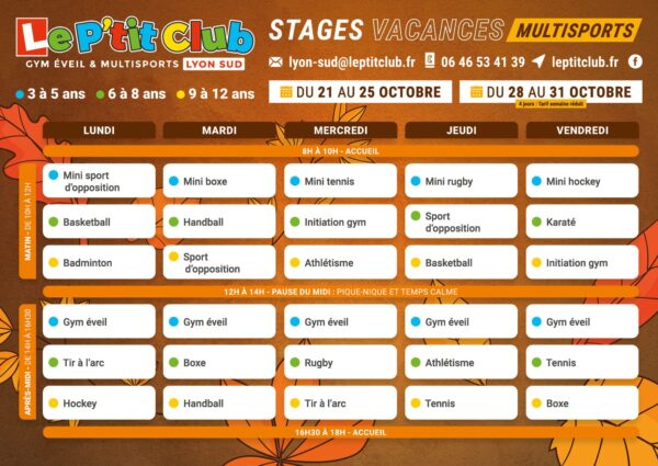 Planning stages vacances de la Toussaint 2024 Le P'tit Club Lyon Sud