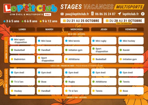 Planning stages vacances de la Toussaint 2024 Le P'tit Club Pau