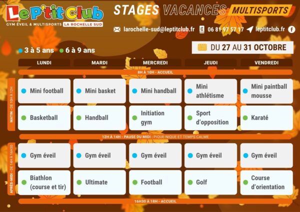Planning 2 stages vacances de la Toussaint 2025 Le P'tit Club La Rochelle