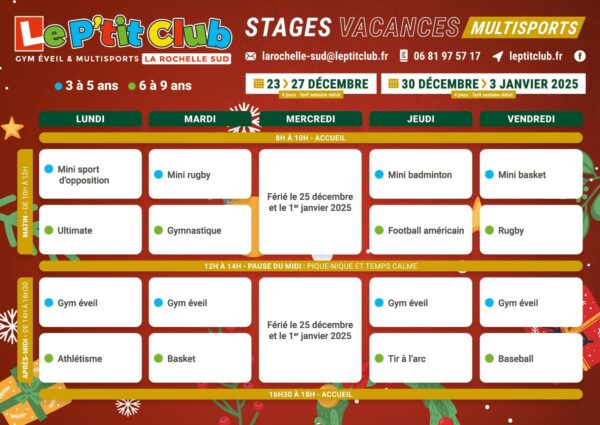 Planning stages vacances de Noël 2024 Le P'tit Club La Rochelle Sud