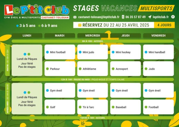 Planning 2 stages vacances de Pâques 2025 Le P'tit Club Castanet-Tolosan