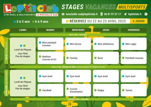 Planning 1 stages vacances de Pâques 2025 Le P'tit Club La Rochelle Sud