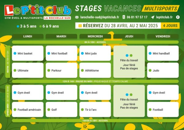 Planning 2 stages vacances de Pâques 2025 Le P'tit Club La Rochelle Sud