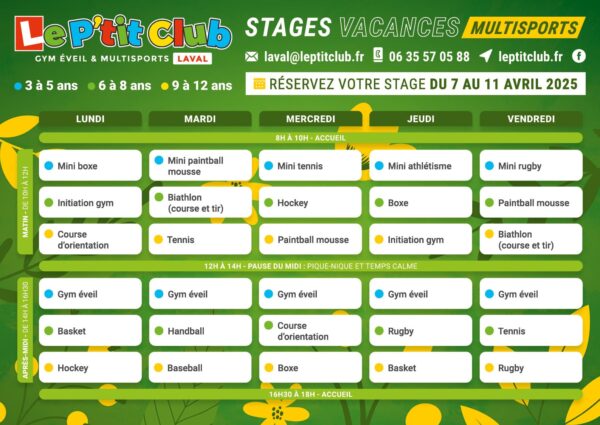 Planning 1 stages vacances de Pâques 2025 Le P'tit Club Laval